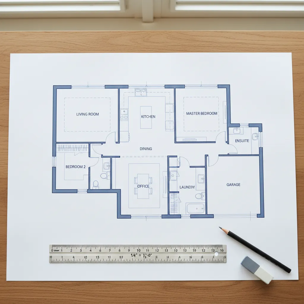 Detailed house floor plan layout on wooden desk with ruler pencil and eraser for design