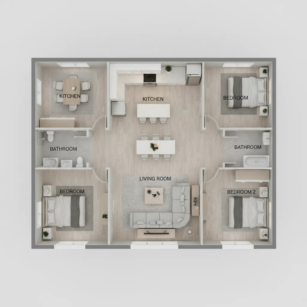 3D floor plan layout of a 1200 sq ft house showing room distribution