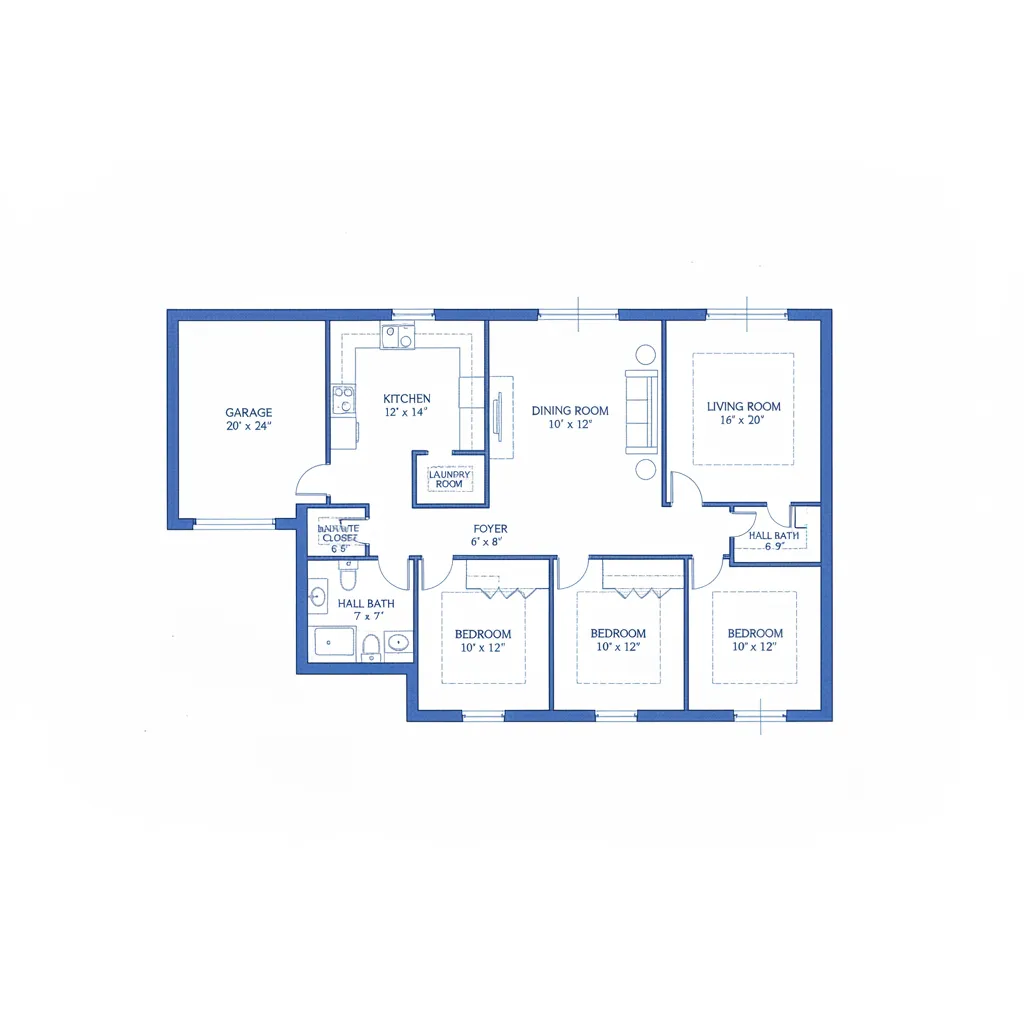 Plano arquitectónico de vivienda con medidas de habitaciones marcadas