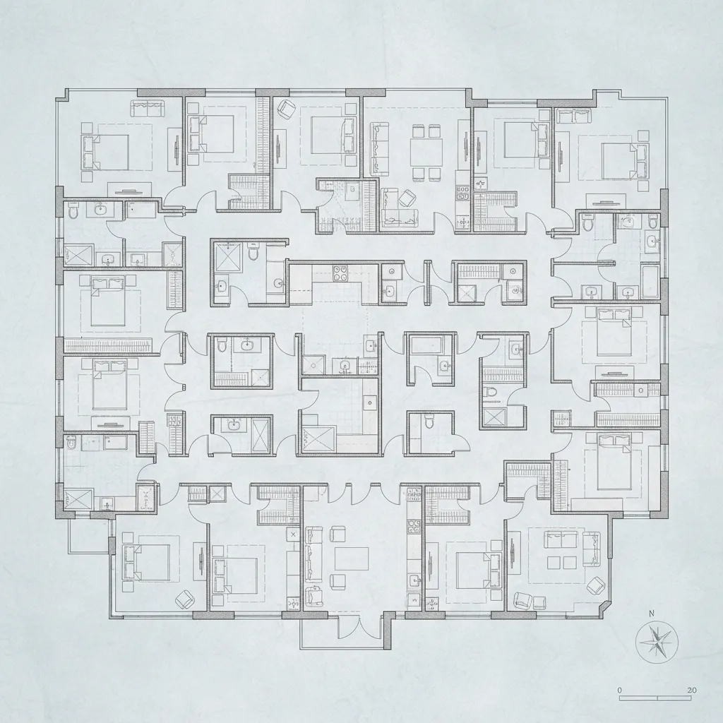 Technical room layout showing a large floor plan with multiple bedrooms bathrooms and central hallway