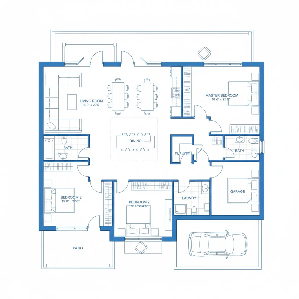 Plano arquitectónico de una casa con diferentes habitaciones