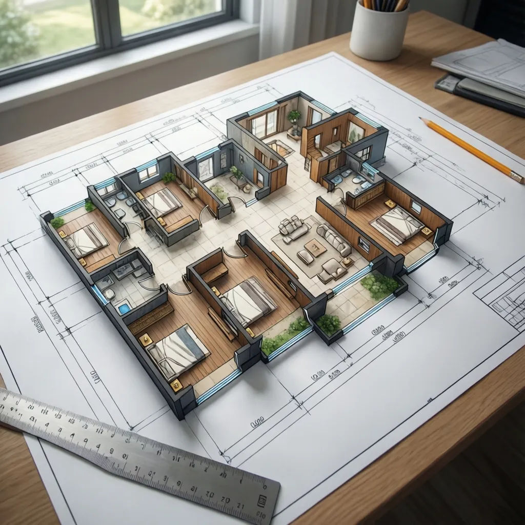 Interior design drawing showing a house floor plan on a desk with ruler and a pencil