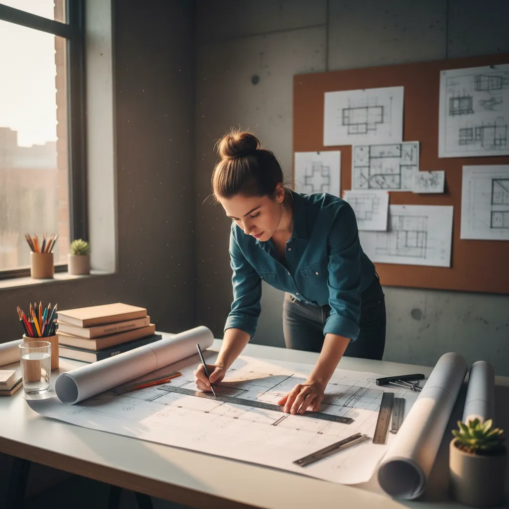 Female designer drawing on a room layout with a ruler and pencil in an office