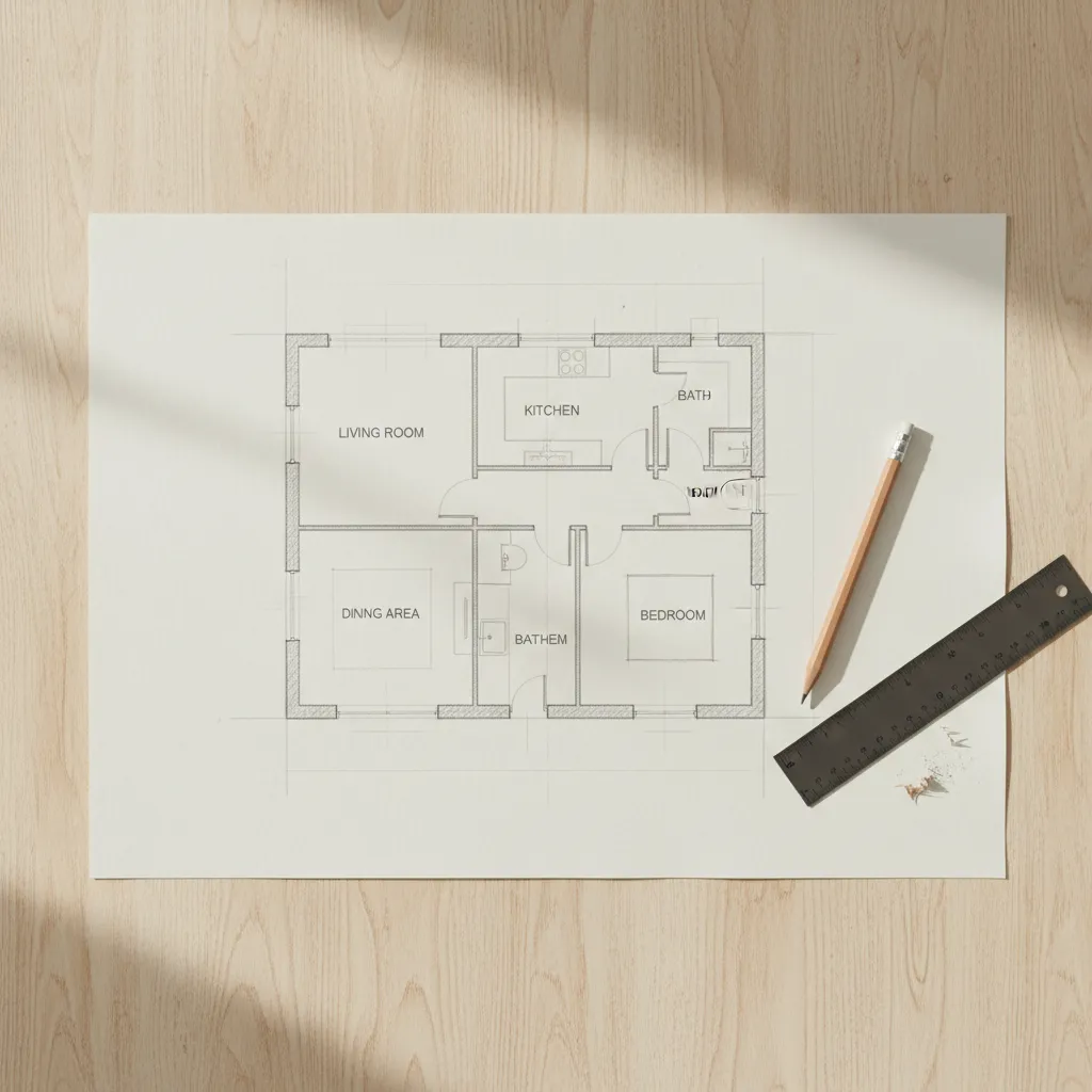 Boceto inicial de un plano de casa con zonas marcadas