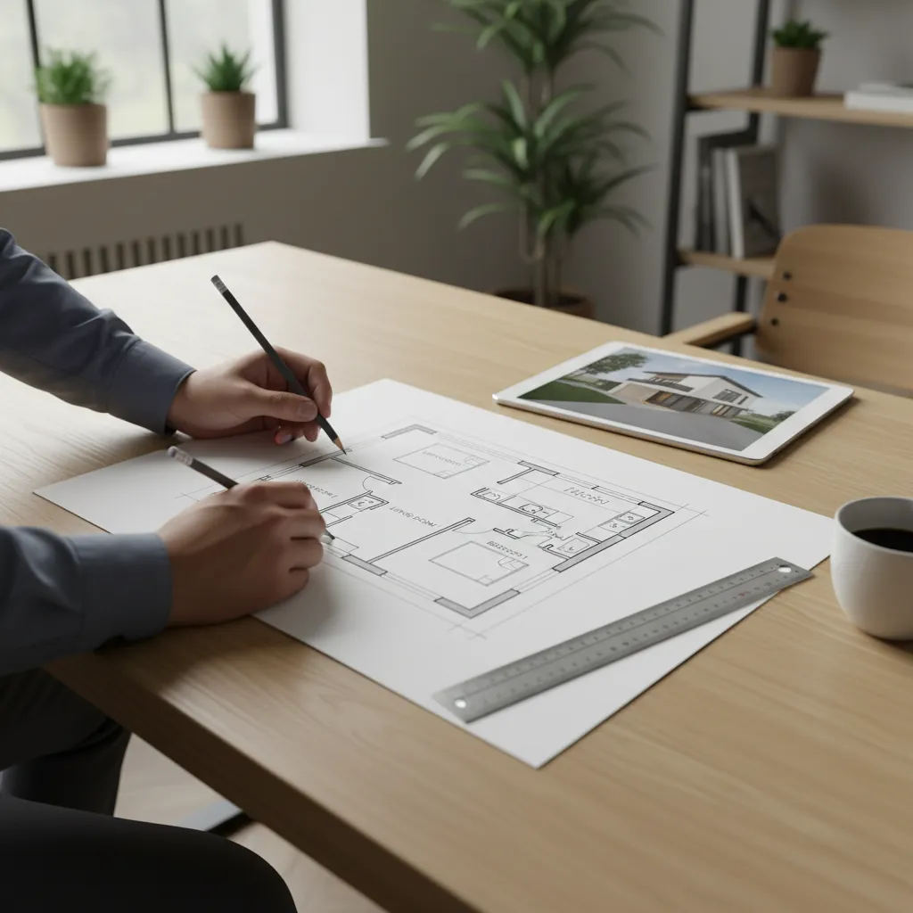 Designer drawing house layout on paper with pencil next to a tablet on wooden desk