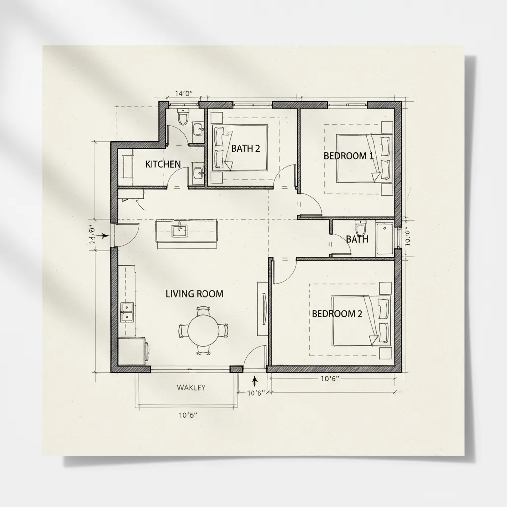 Plano de casa con zonas marcadas para salón cocina y dormitorios
