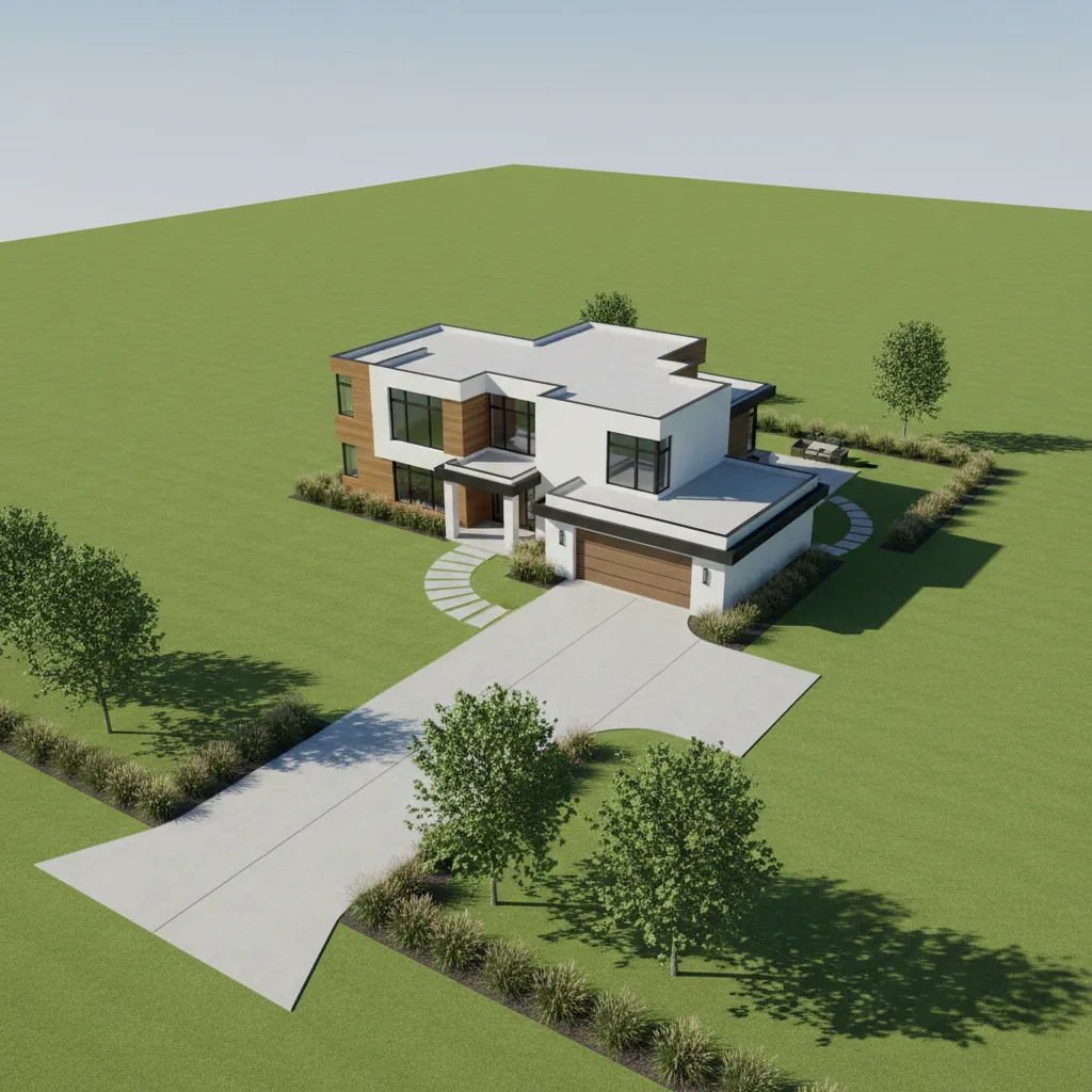 Suburban house footprint on half acre lot showing driveway and surrounding yard space