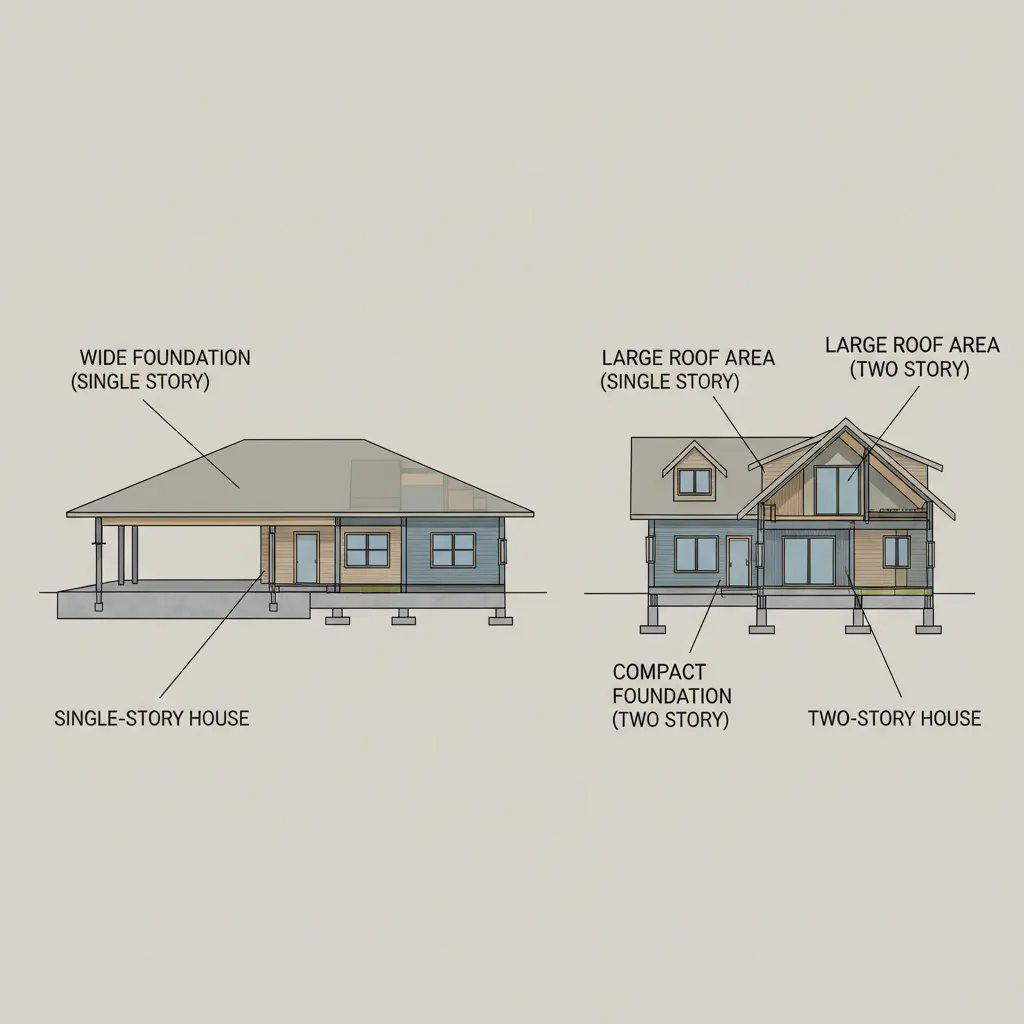Construction illustration showing larger foundation and roof for single story house