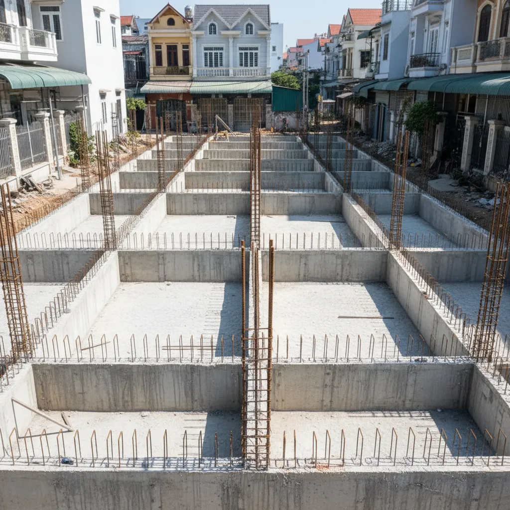 Grid of concrete foundation walls with steel bars for a new house in urban neighborhood