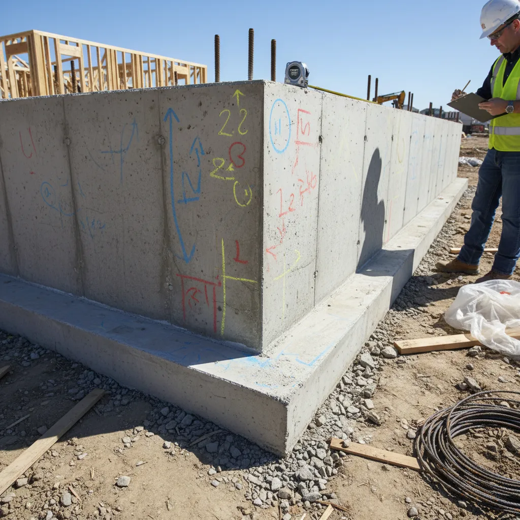 Concrete house foundation inspection showing cracks and structural evaluation