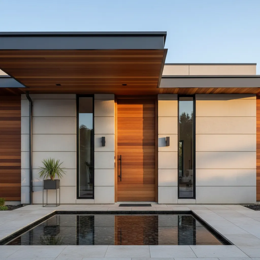 entrada de casa con alero amplio protegiendo la puerta principal