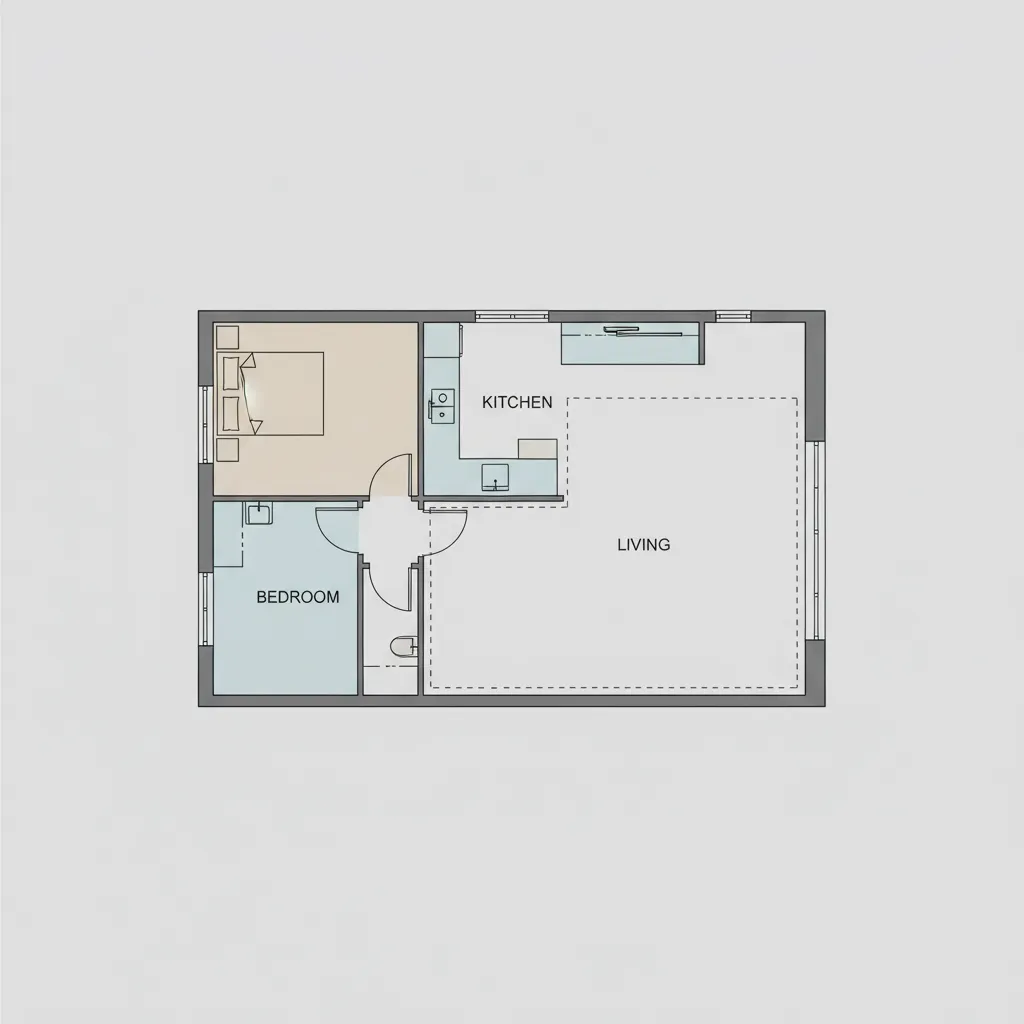 Sơ đồ phân khu chức năng nhà ở gồm phòng khách bếp và phòng ngủ