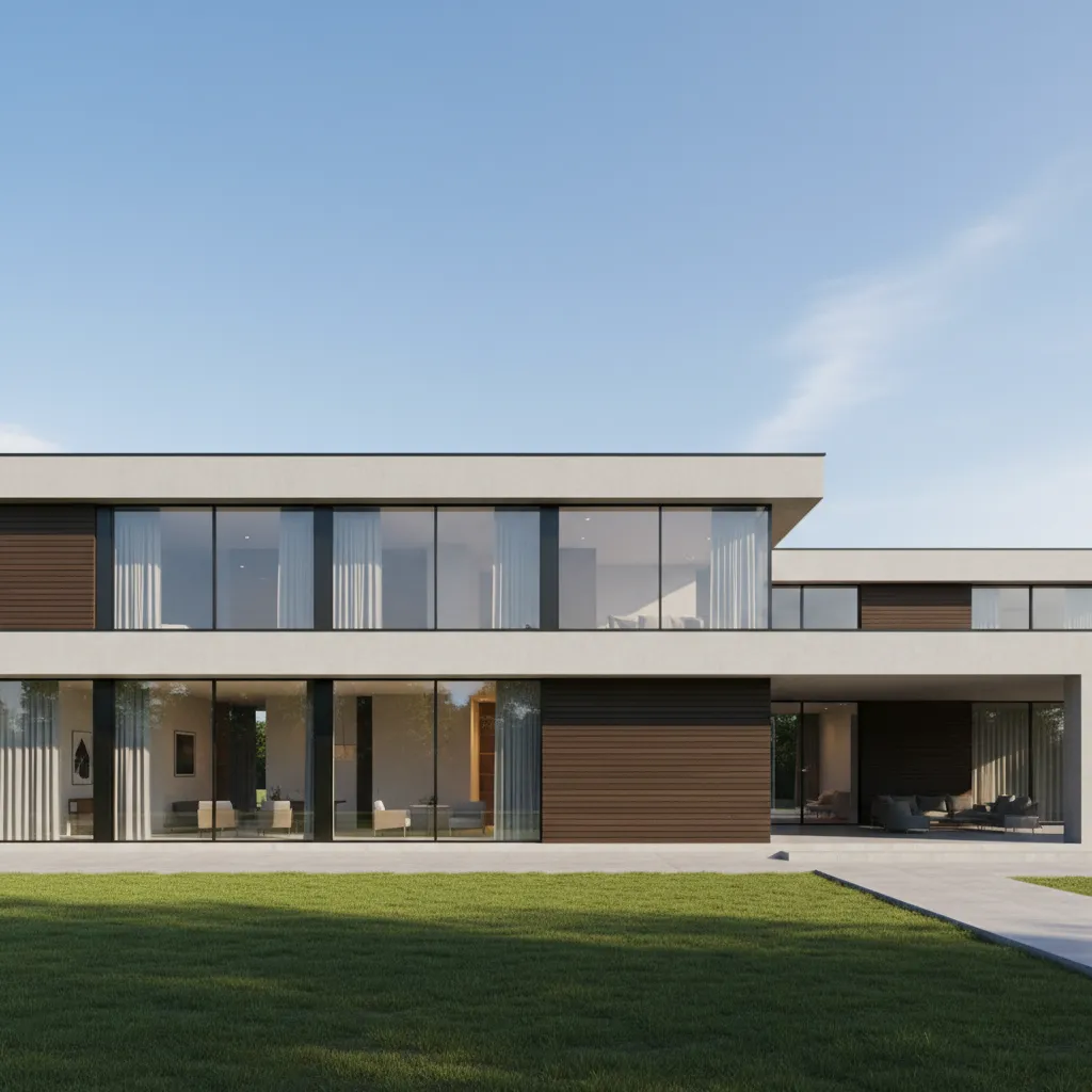 Modern two story house with large glass windows white walls wood panels and green lawn