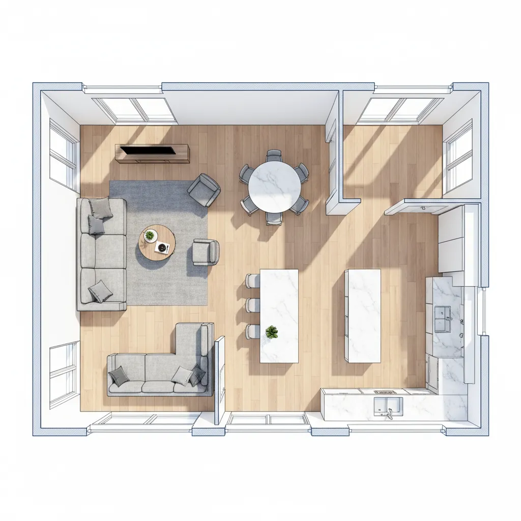Colored top down room layout showing two sofas dining table kitchen island and wooden floor