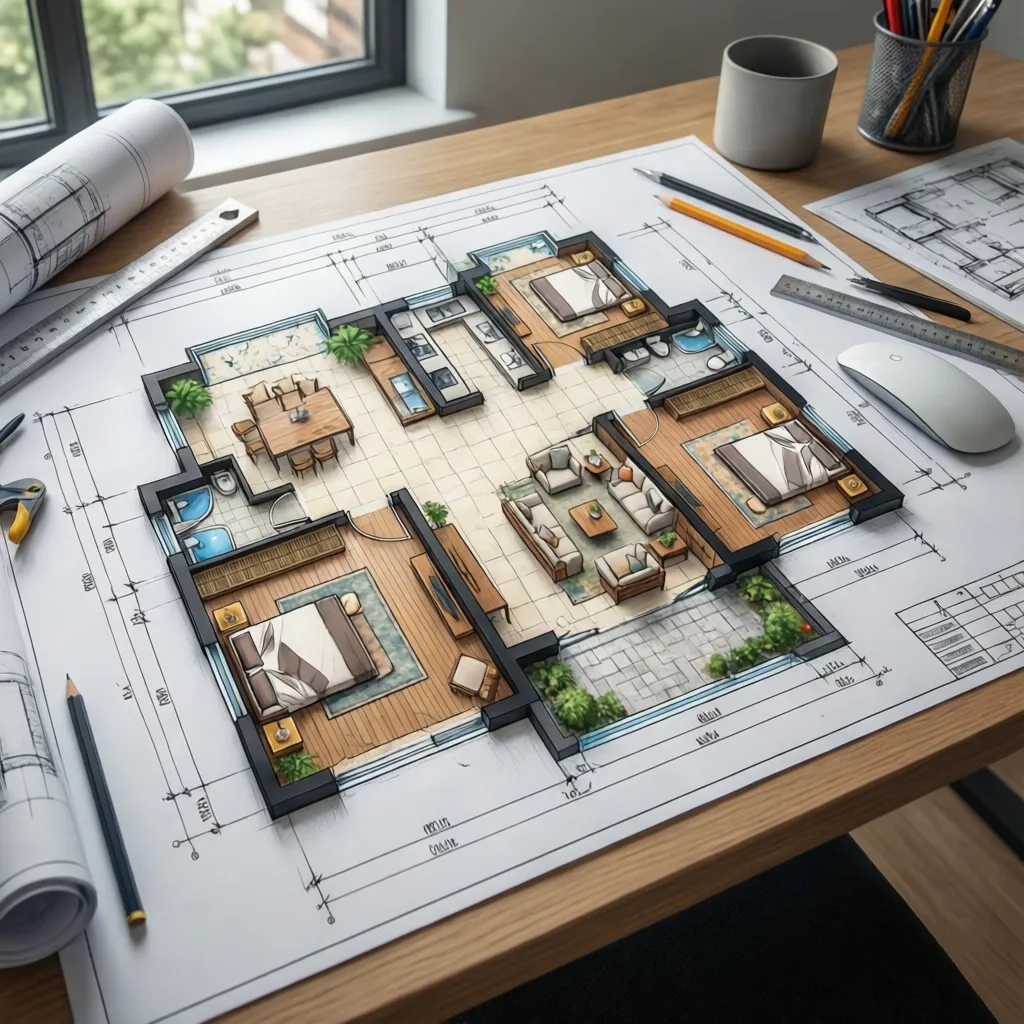 Plano arquitectónico de distribución de una vivienda con zonas marcadas
