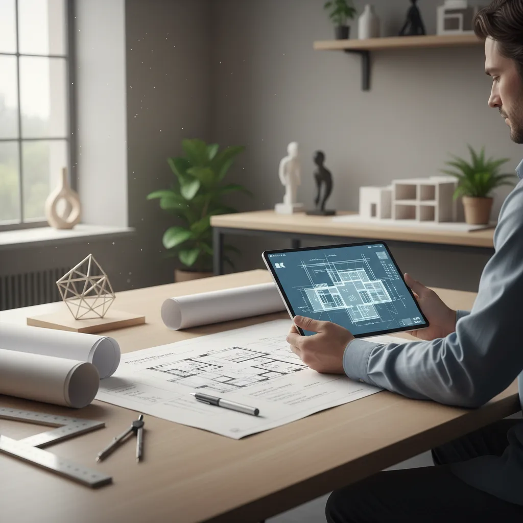 Architect reviewing a digital house floor plan before construction planning