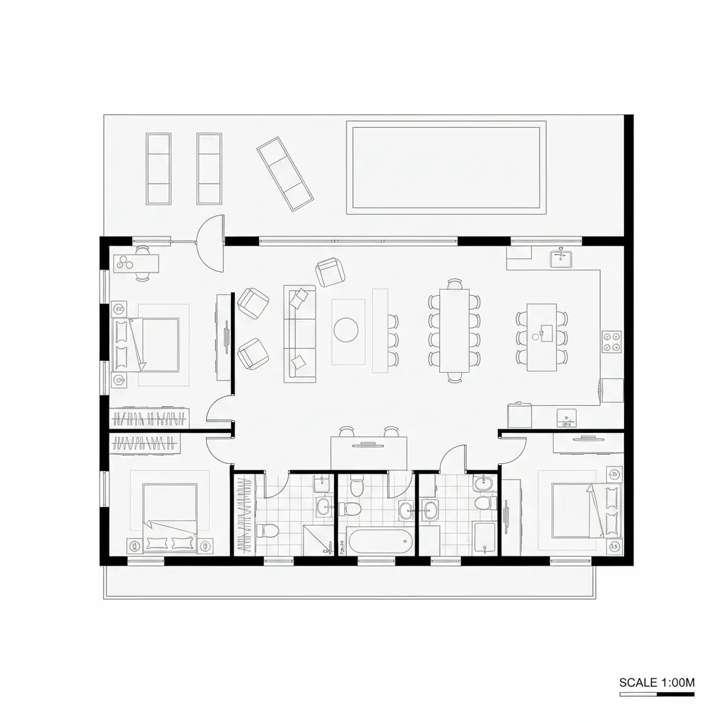 Plano arquitectónico de distribución de una vivienda moderna
