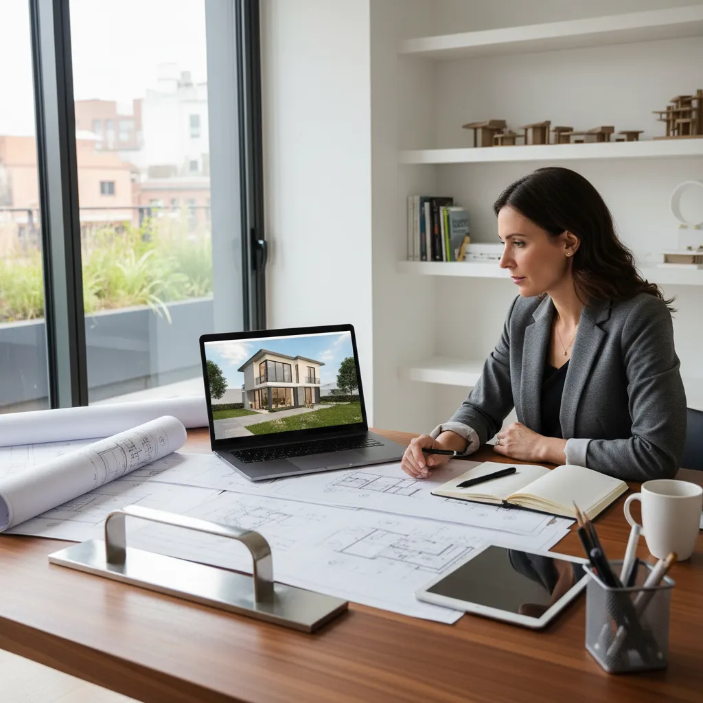 Female designer working on house plans at desk with laptop showing interior design drawing results