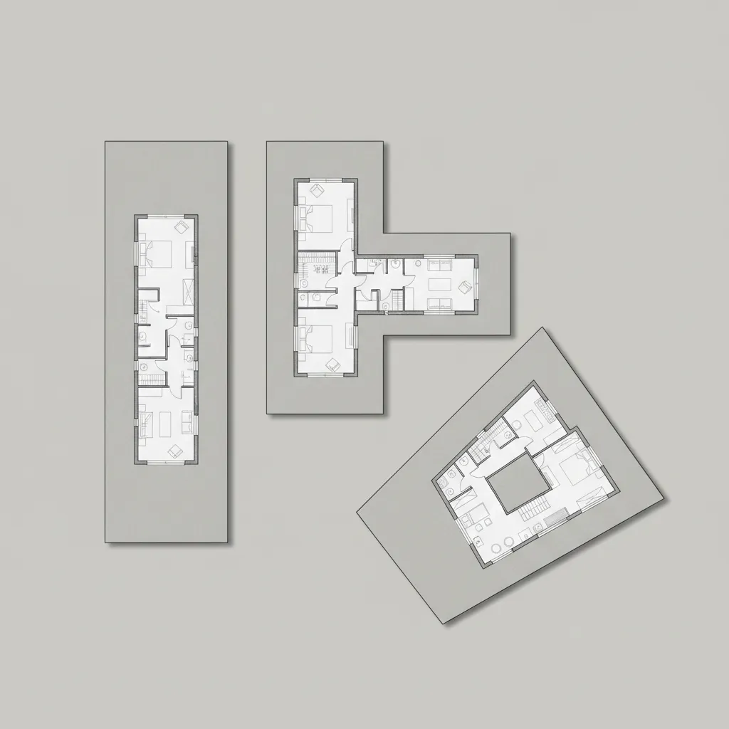 diagram showing different house layouts fitting narrow and wide land plots