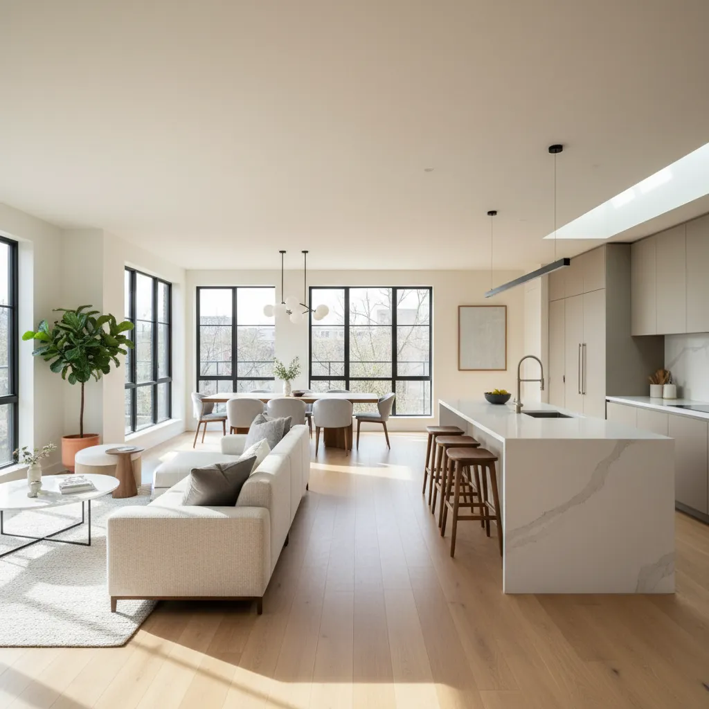 Open-plan living space with white sofa, kitchen island, wooden floor, dining table, and large windows