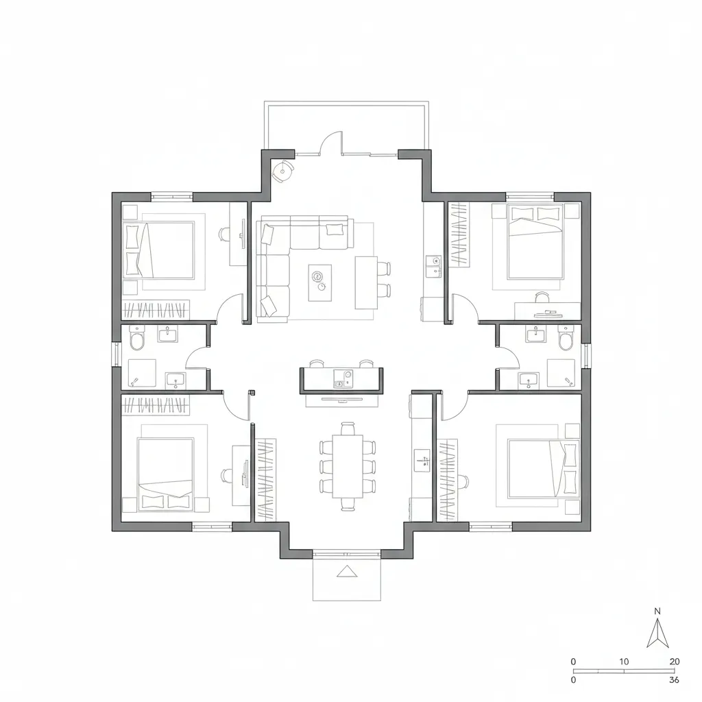 Plano de distribución de una casa mediana moderna
