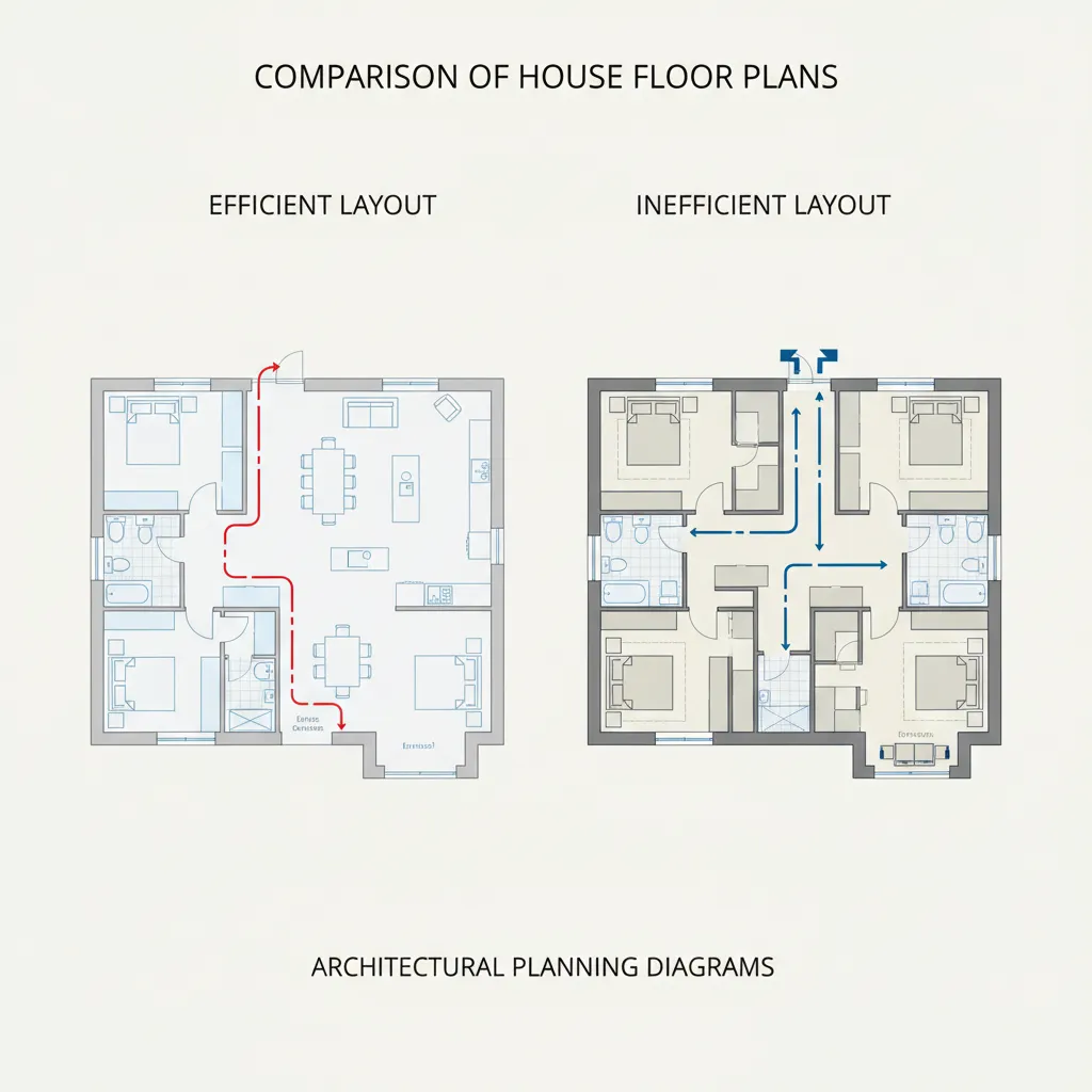 Perbandingan denah rumah efisien dan tidak efisien