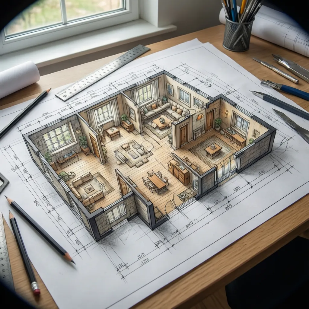 Plano de distribución de una casa dibujado sobre papel