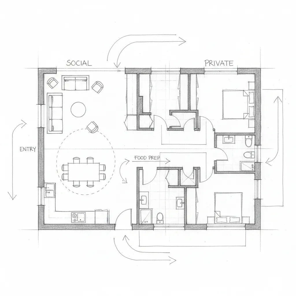 Boceto de distribución de casa mostrando zonas sociales y privadas