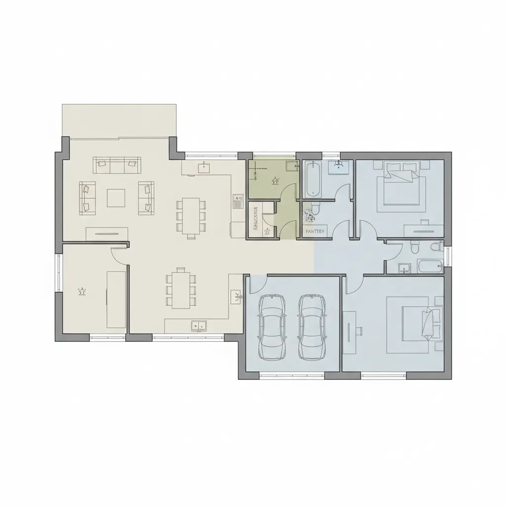 diagrama simples mostrando zonas social íntima e serviço em planta de casa