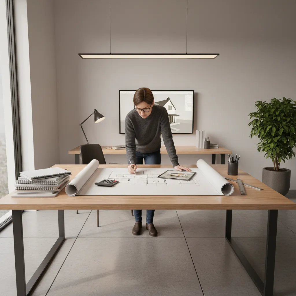 Architect reviewing construction drawings and material estimates for a house project