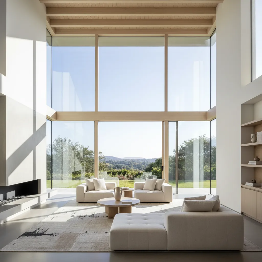 Bright modern living room with large windows white sofa wooden ceiling and warm natural sunlight