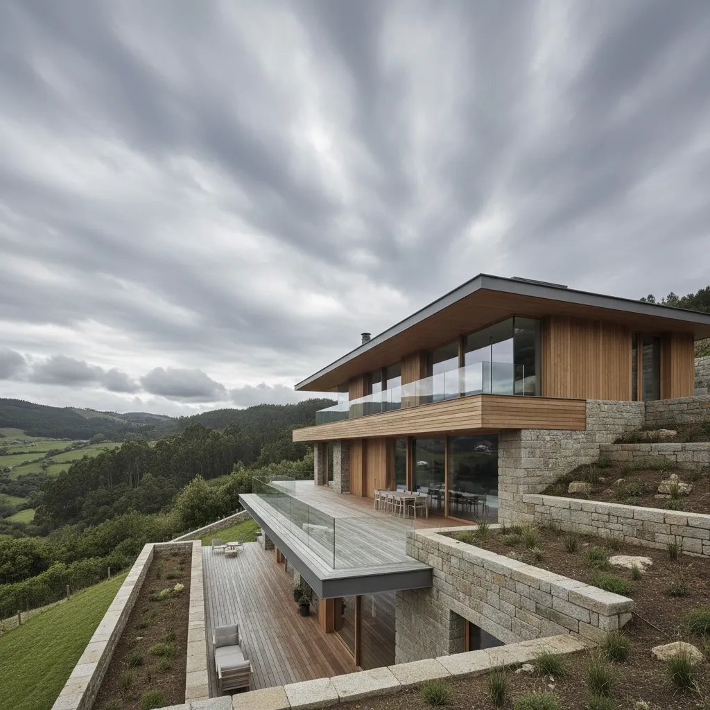 Casa moderna construida en terreno inclinado con vistas al paisaje gallego