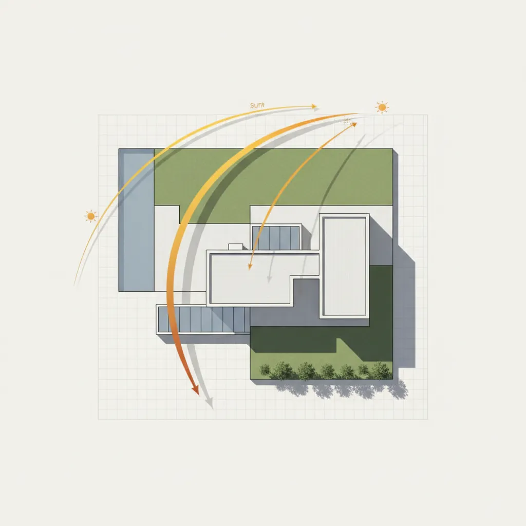 Diagram orientasi rumah terhadap arah matahari pada site plan