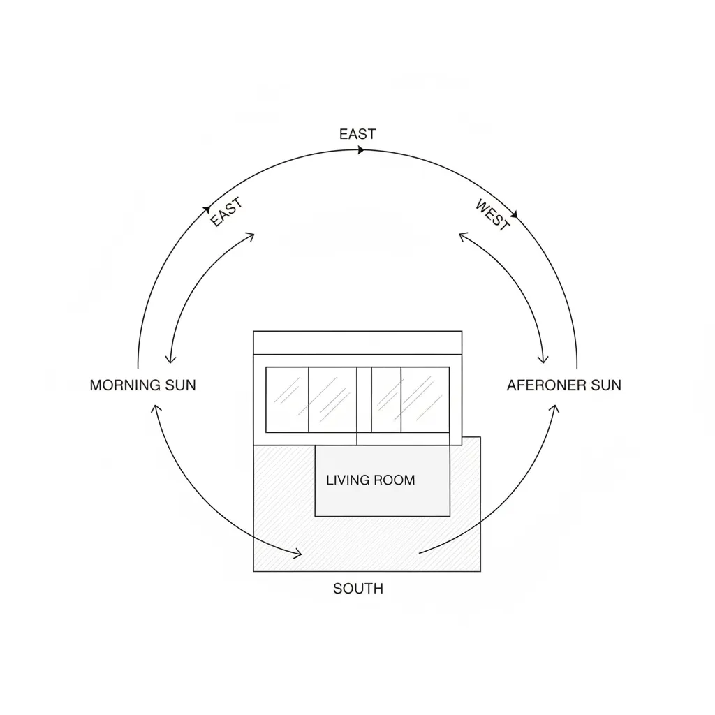 Diagram showing how house orientation affects sunlight in a home layout