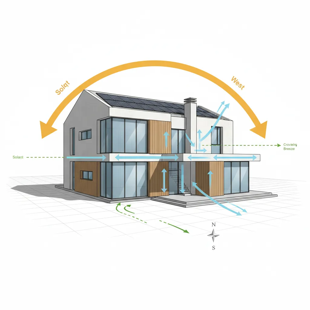 Diagrama de orientación de una casa respecto al sol y ventilación natural