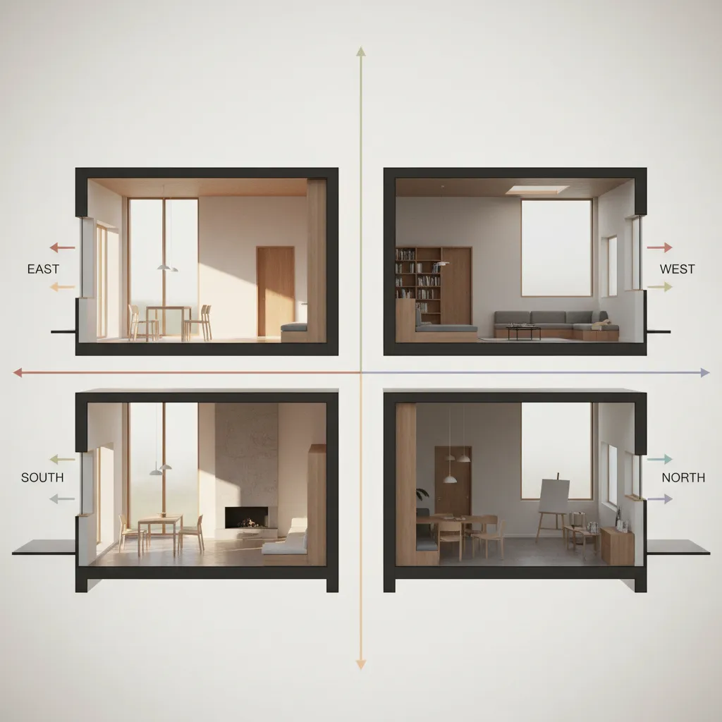 Vista conceptual de una casa mostrando cómo entra la luz según la orientación