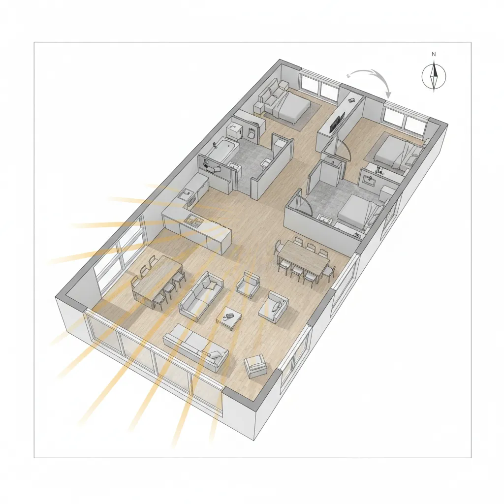 Plano de casa mostrando orientación solar y entrada de luz natural