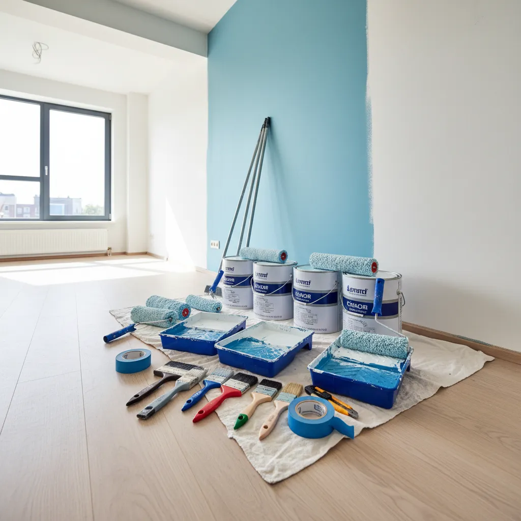 paint cans and tools used for calculating house painting materials