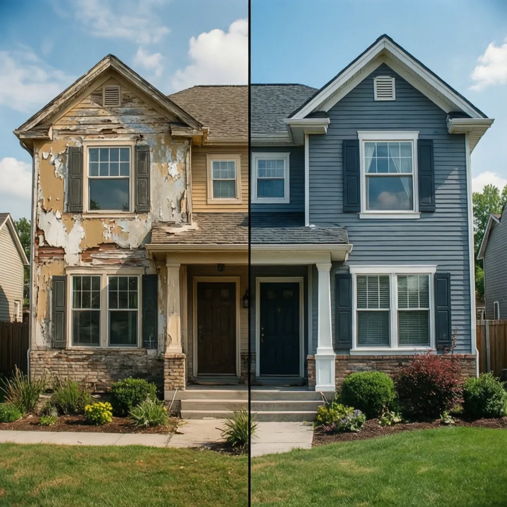 Before and after comparison of house exterior repaint project