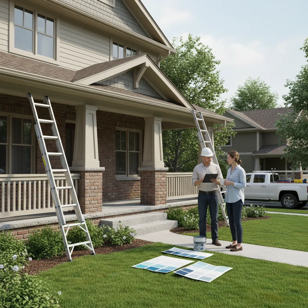 Contractor discussing exterior painting estimate with homeowner in front of house