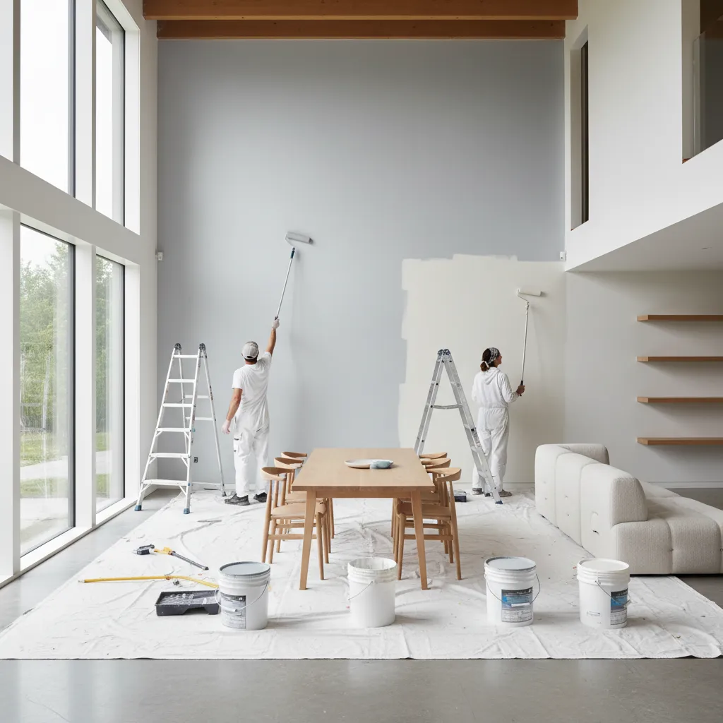 professional painters working on interior walls with rollers