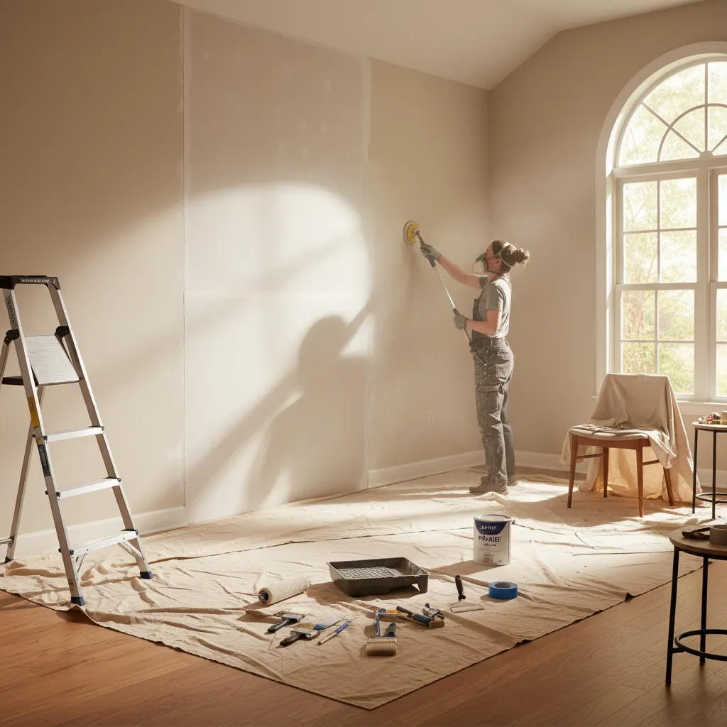 Homeowner preparing walls for painting by cleaning and sanding surfaces