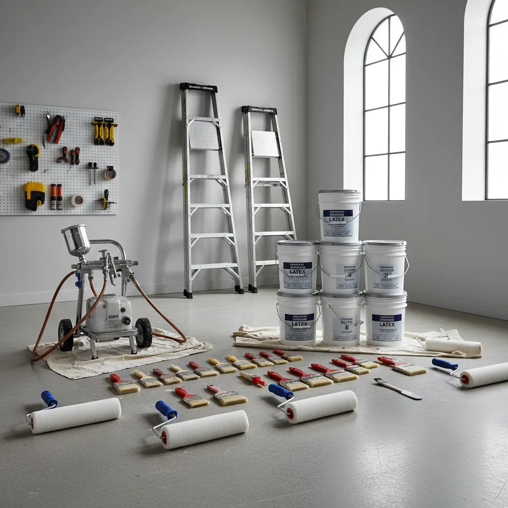 Professional painting tools including sprayer rollers ladders and paint buckets