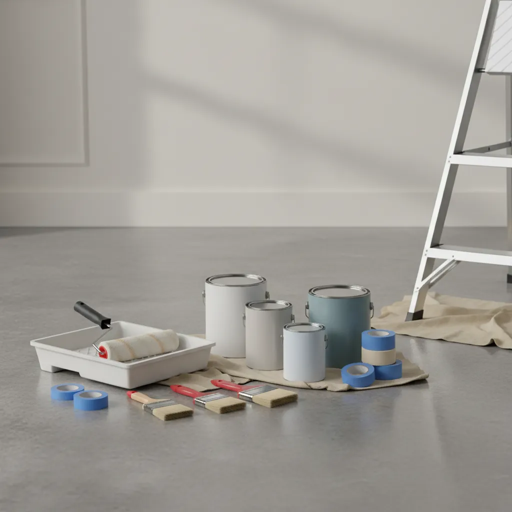 House painting tools and materials including rollers brushes tape and paint cans