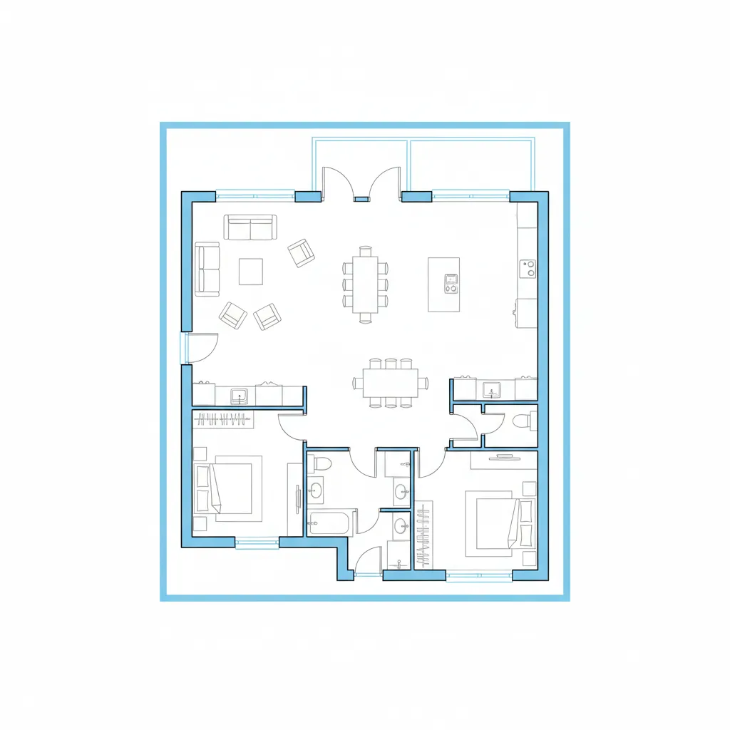 simple house floor plan showing exterior perimeter measurement path