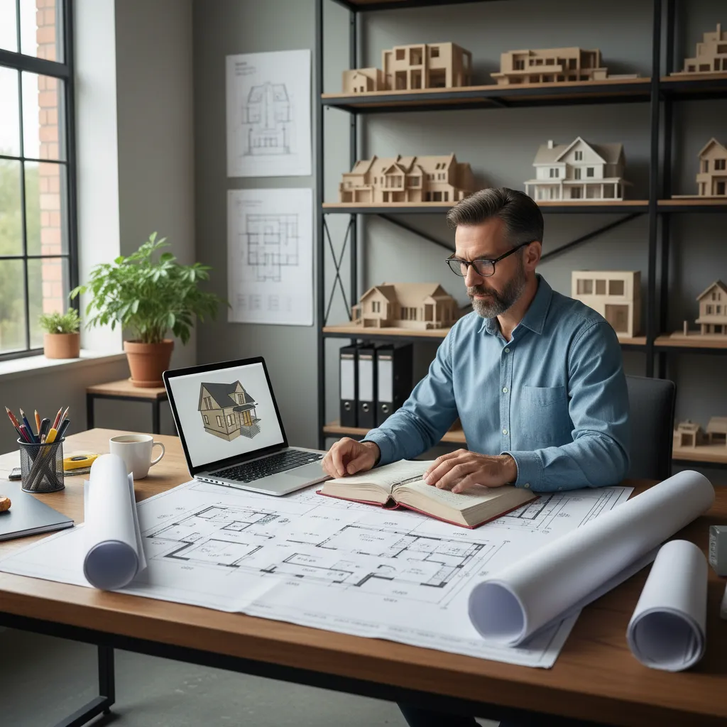 Architect reviewing house blueprint for building code compliance