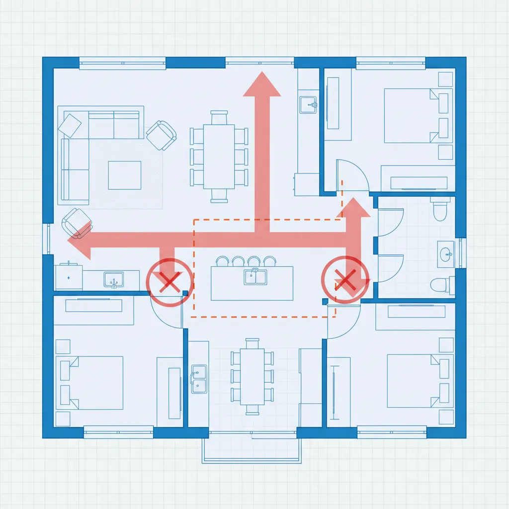 Plano de casa mostrando errores comunes de distribución como pasillos largos y puertas que chocan
