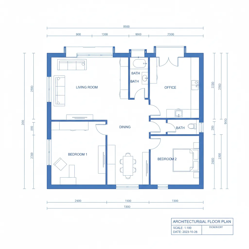 detailed architectural floor plan with dimension lines and structural walls