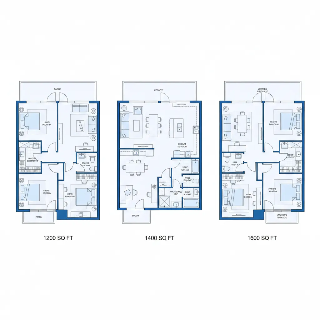 Comparison of 1200 1400 and 1600 square foot house floor plans