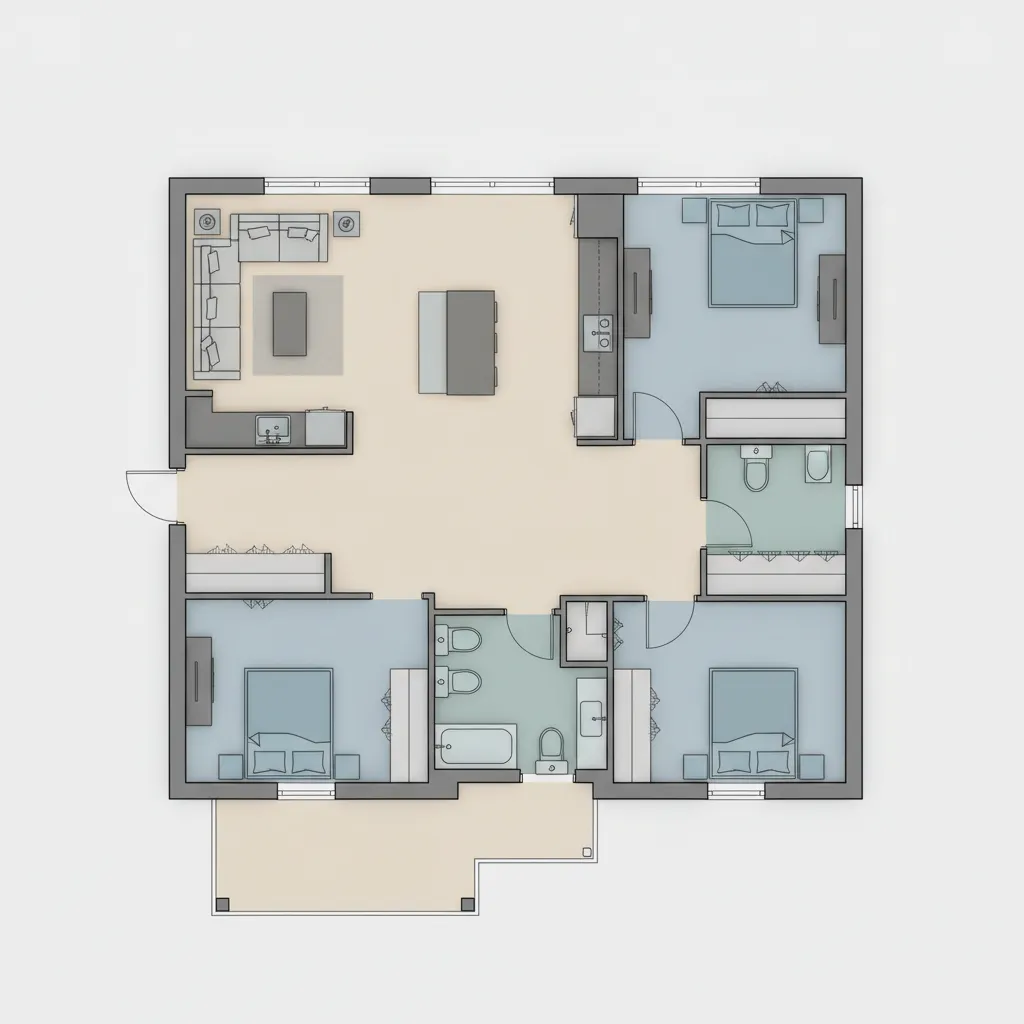 Interior design drawing showing a three bedroom apartment room layout with living room and kitchen
